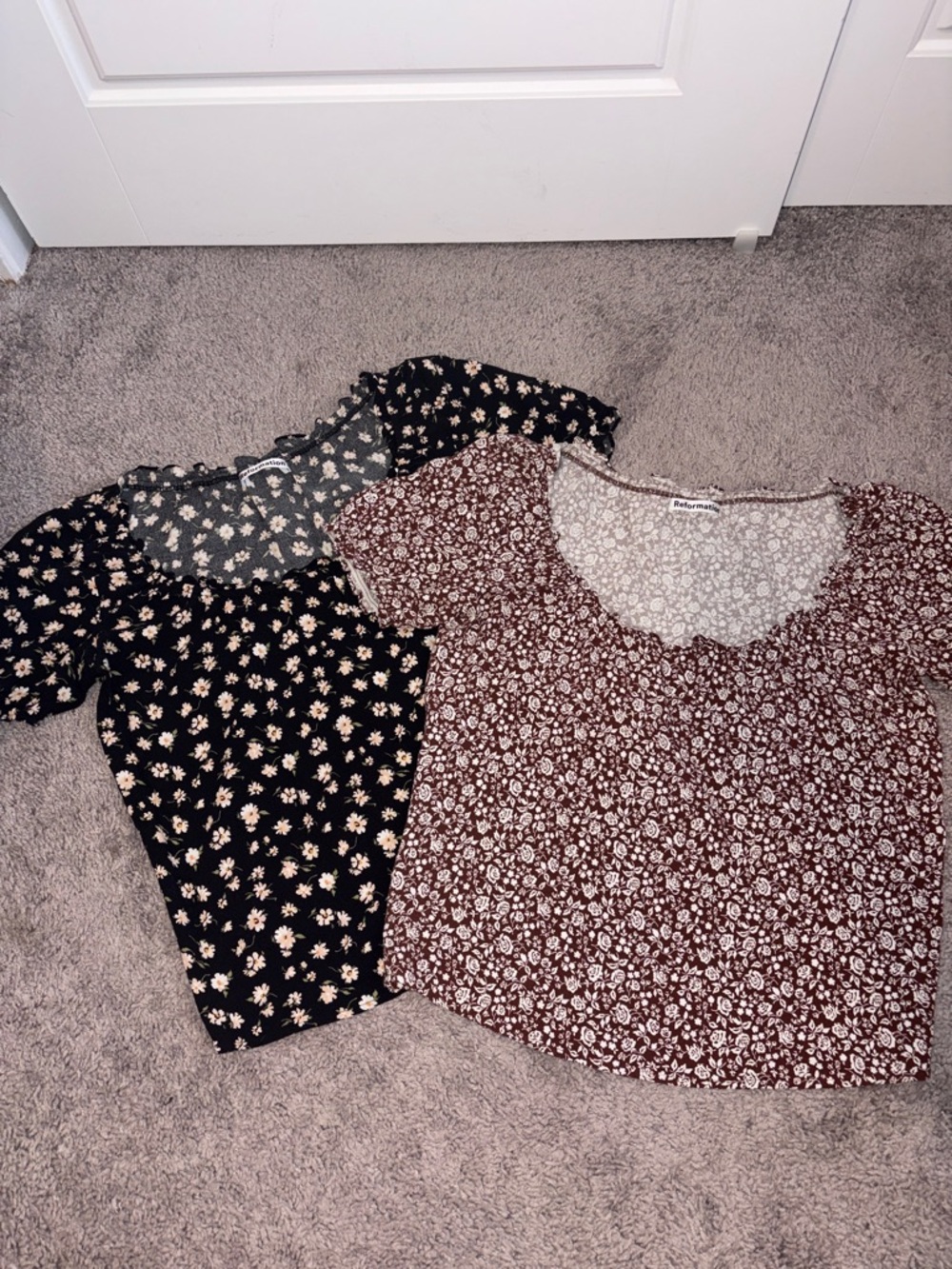 Reformation Burgundy Floral Scoop Neck Tee with Black Floral Tee Duo